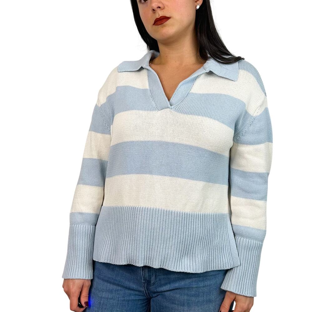 Jessica Simpson V-Neck Collared Blue & White Striped Sweater